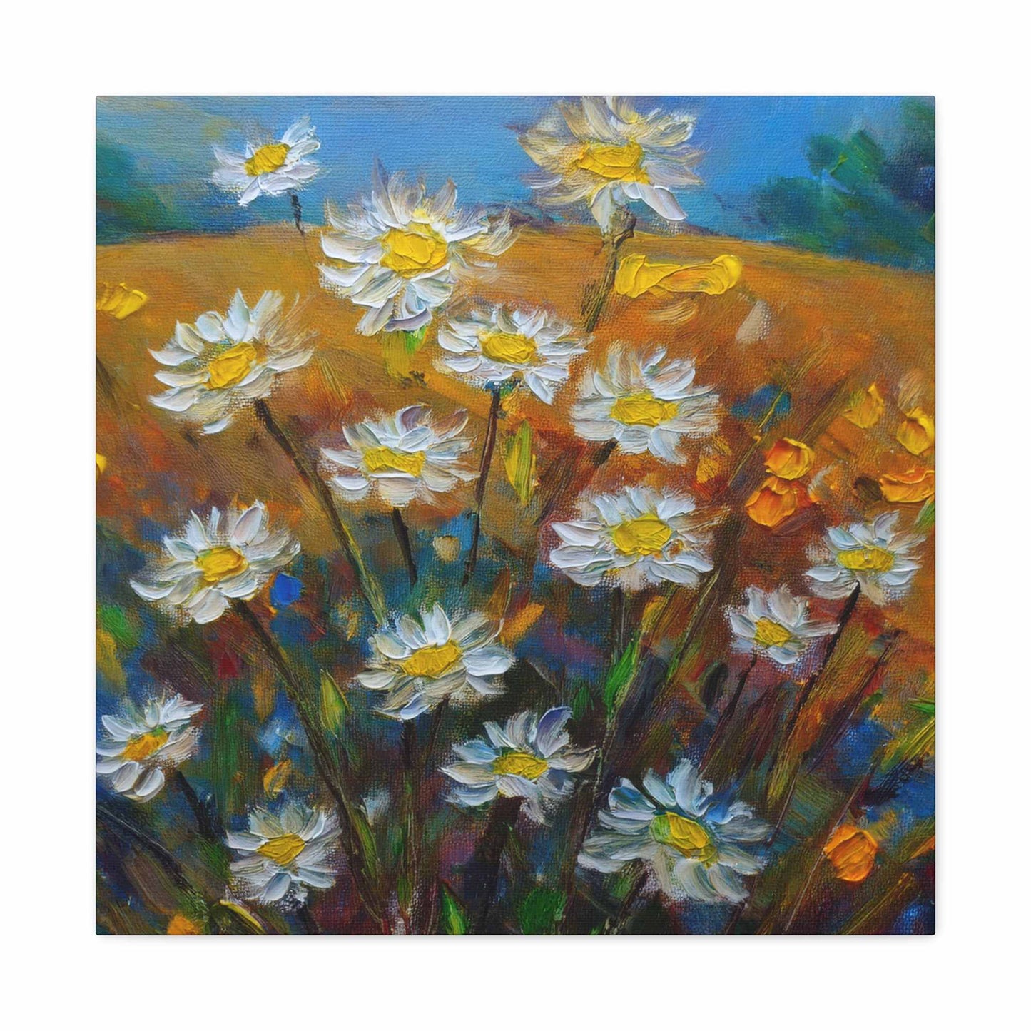White Daisies Print Canvas, Floral Oil Paint Print 20x20, 24x24, 30x30, 32x32, 36x36 Art Design Pine-Wood Inner Frame MC-126