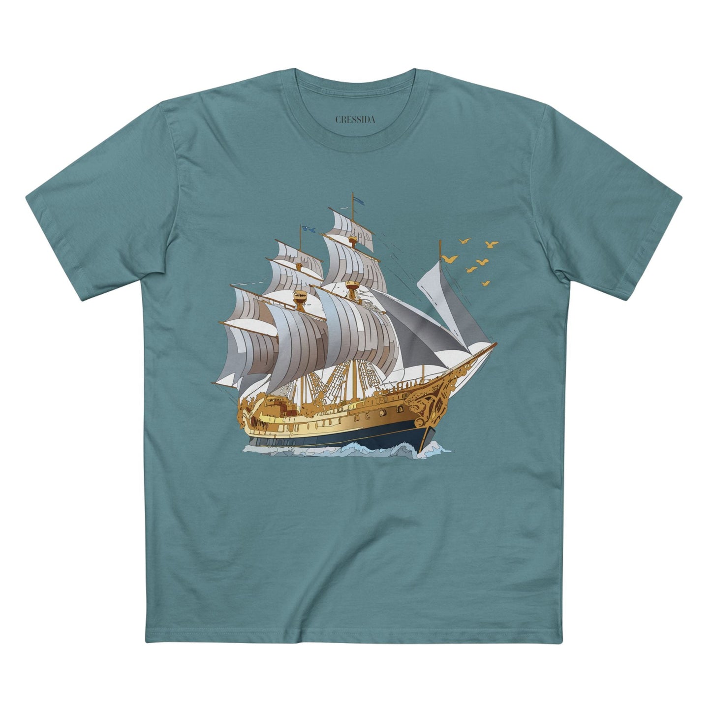 Ship Graphic Unisex 100 Cotton T-Shirt with Gold Frigate Art Design 14