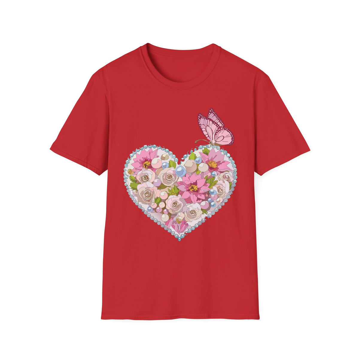Floral Heart with Butterfly T-Shirt | Pink Flower Heart Graphic Tee Unisex 100 Cotton Gildan T-Shirt