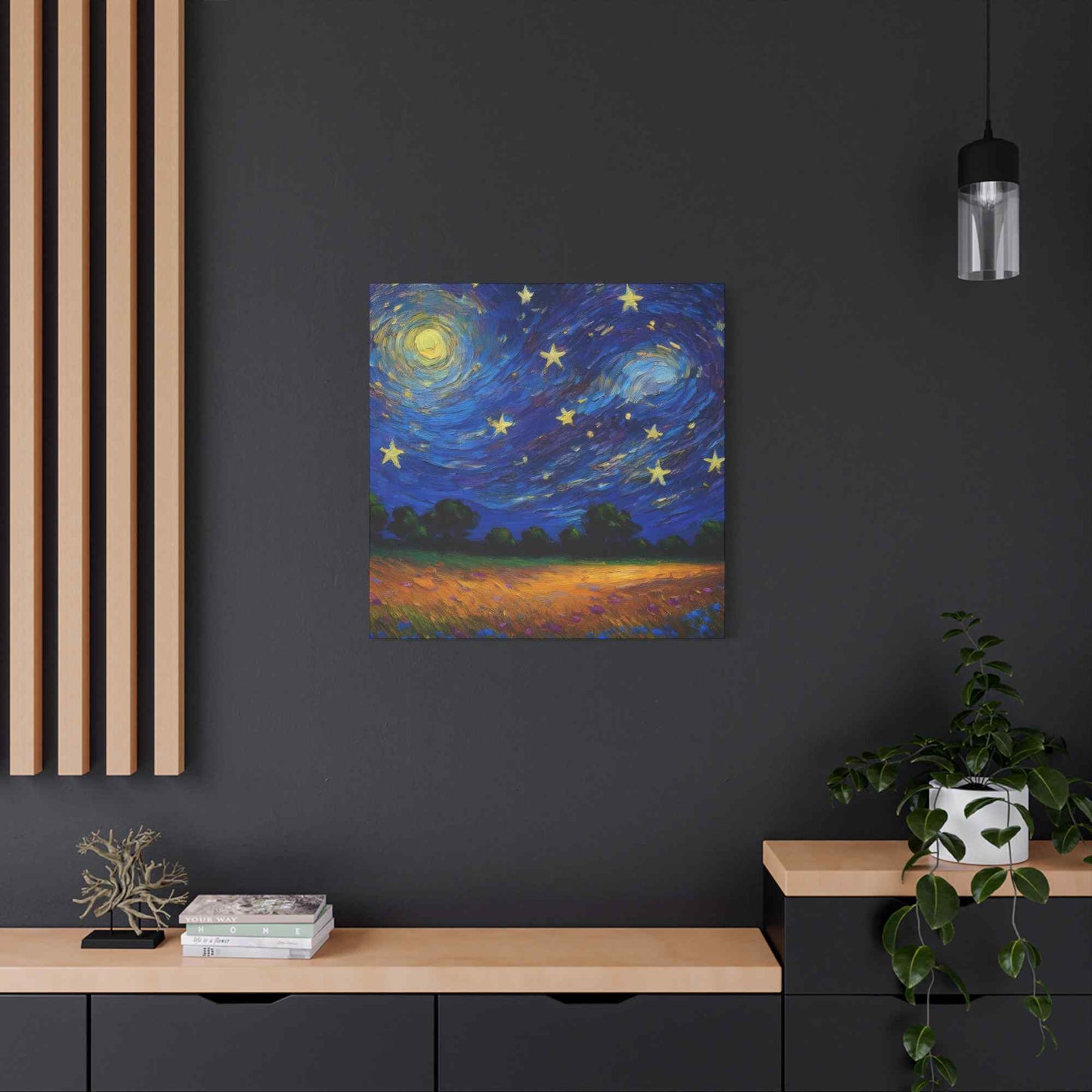 Starry Night Print Canvas, Oil Paint Print 20x20, 24x24, 30x30, 32x32, 36x36 Art Design Print Pine-Wood Inner Frame MC-39