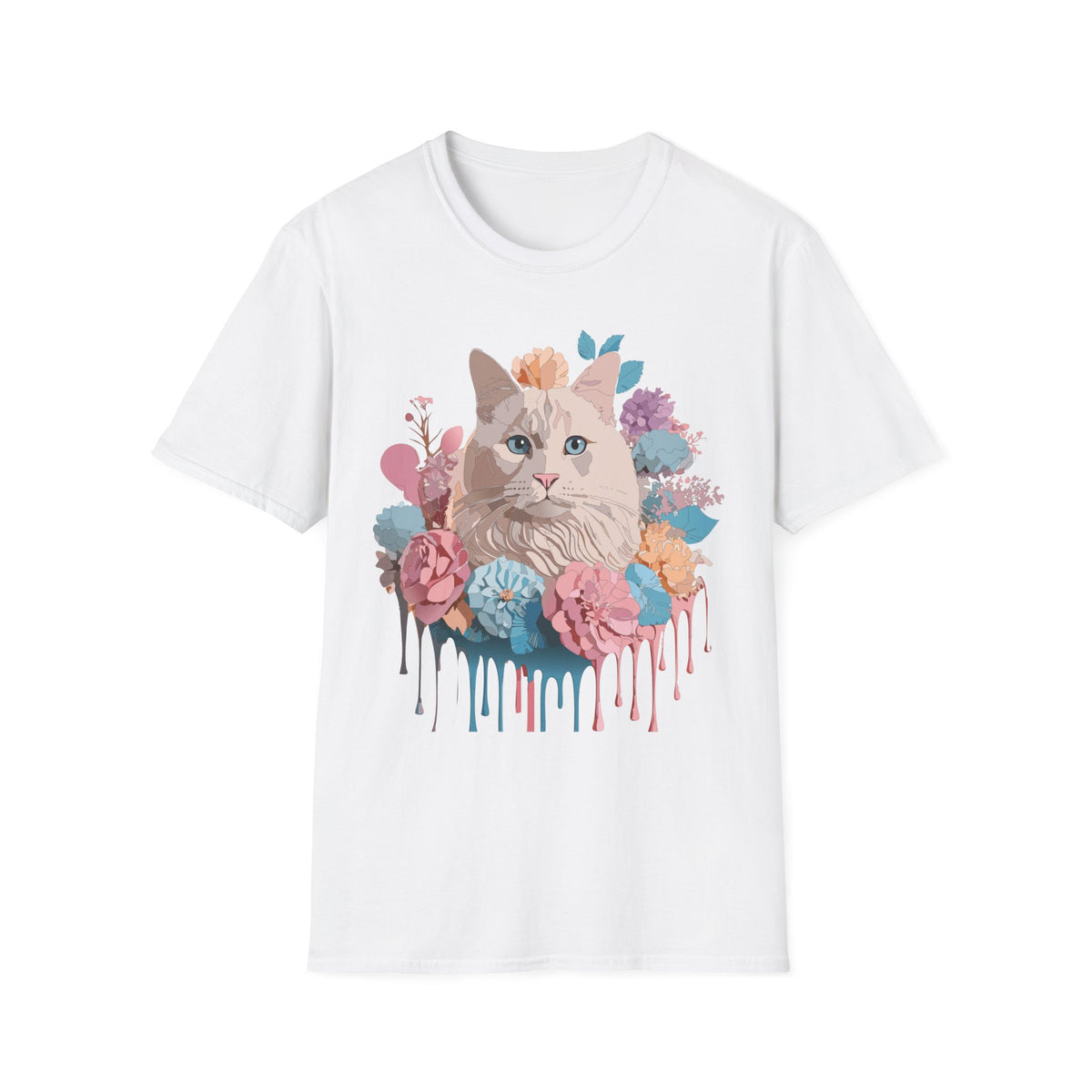 Floral Cat Portrait T-Shirt | Watercolor Kitty with Flowers