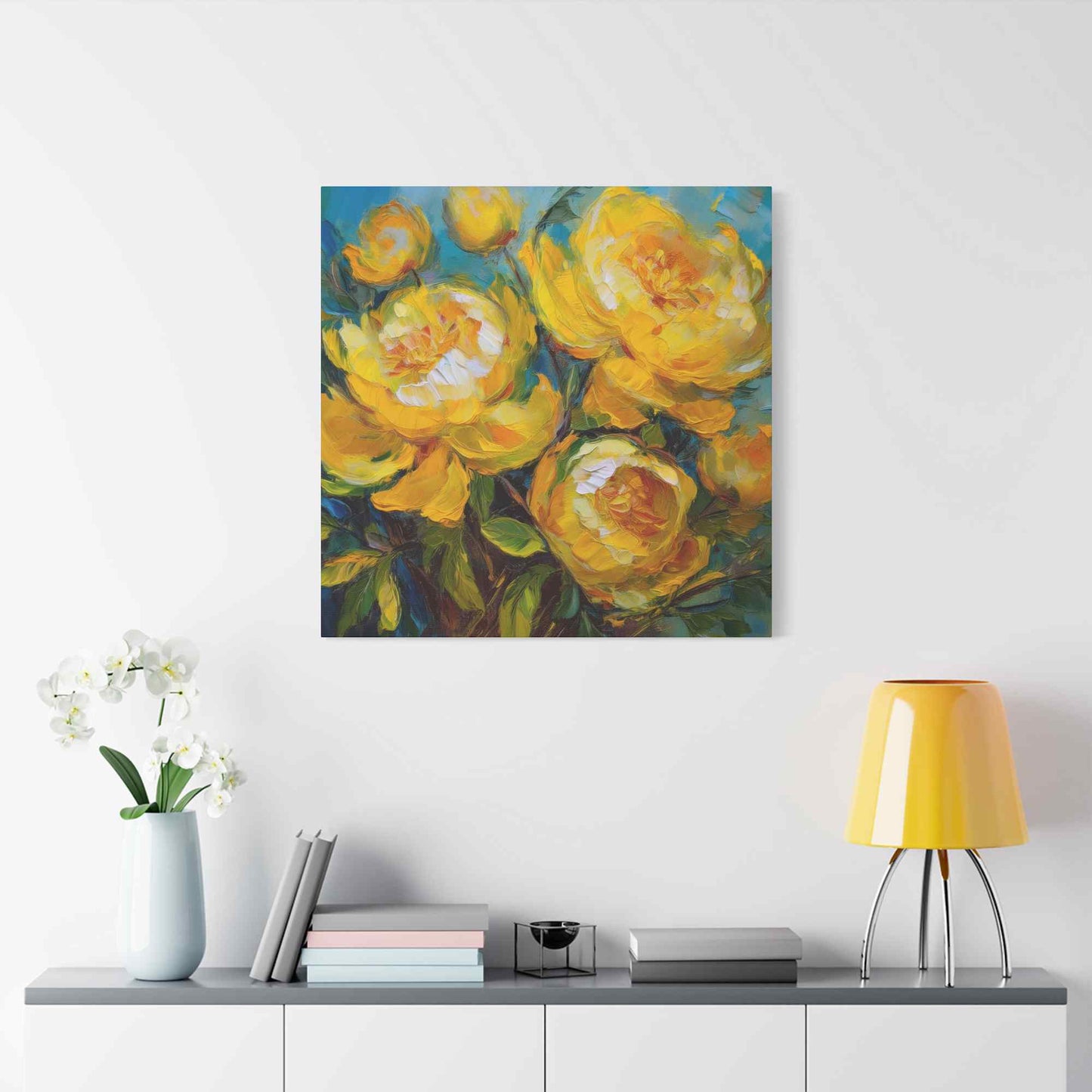 Yellow Peonies Print Canvas, Floral Oil Paint Print 20x20, 24x24, 30x30, 32x32, 36x36 Art Design Pine-Wood Inner Frame MC-120