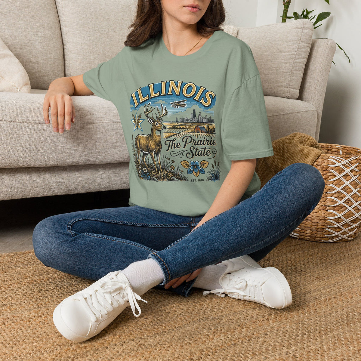 Illinois The Prairie State T-Shirt — Deer & Skyline Vintage Travel Tourist Graphic Tee Unisex 100 Cotton Gildan T-Shirt