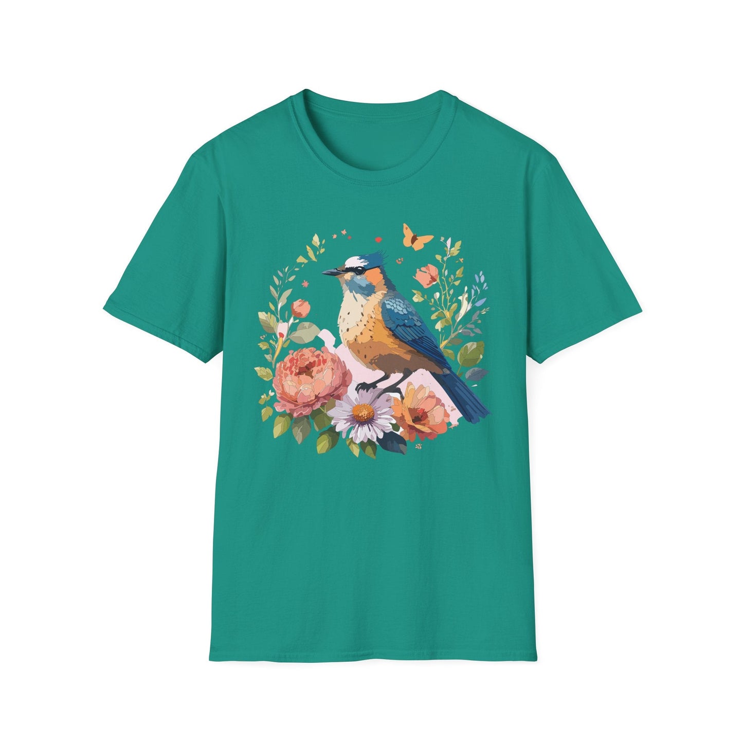 Floral Bird T Shirt Unisex Softstyle Gildan 64000 Tee 100 Percent Ring Spun Cotton