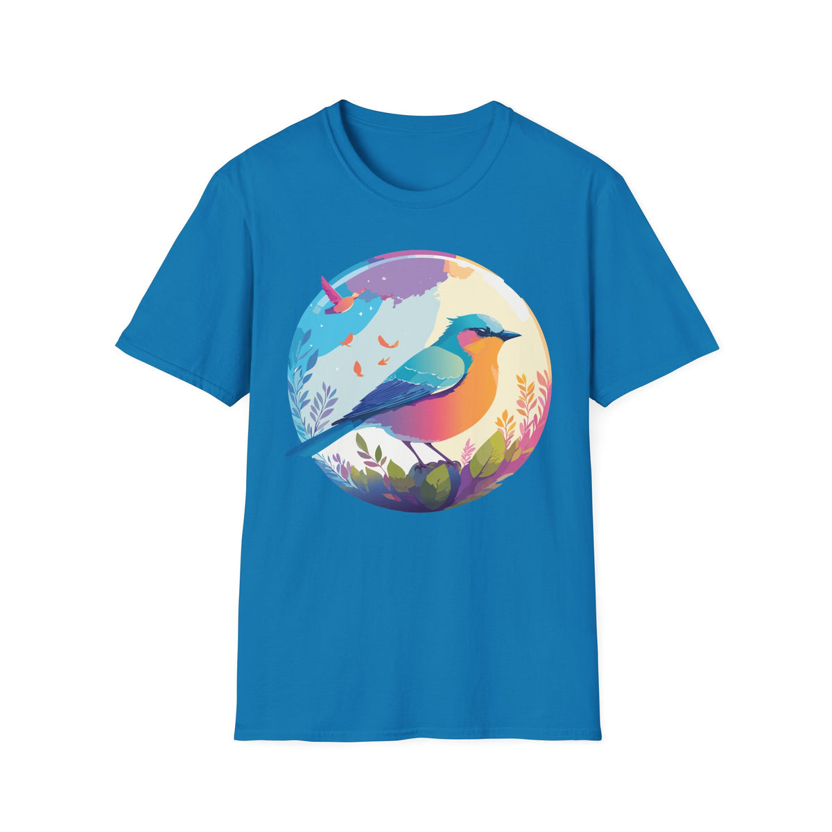 Colorful Bird Illustration T-Shirt | Rainbow Songbird Circle Art