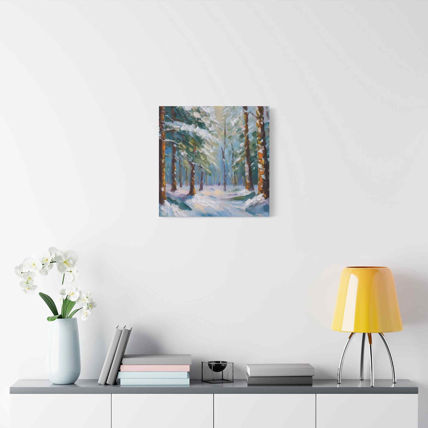 Snow Forest Print Canvas, Oil Paint Print 20x20, 24x24, 30x30, 32x32, 36x36 Art Design Print Pine-Wood Inner Frame MC-81
