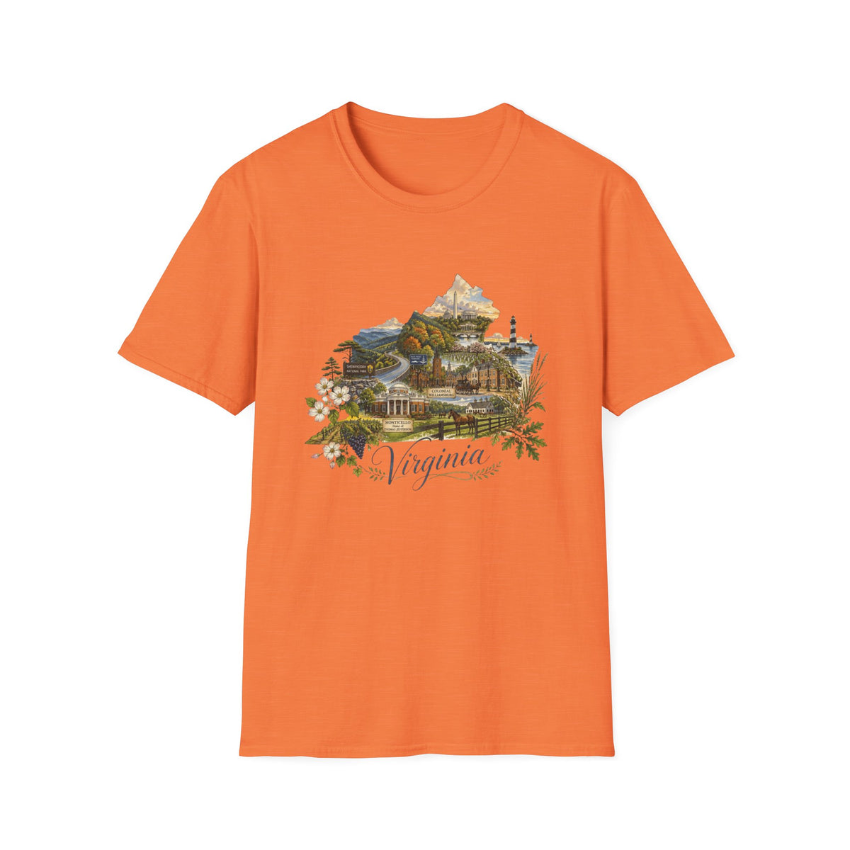 Virginia State Scenic T-Shirt — Vintage Mountains & Coastal Landmarks Travel Tourist Graphic Design Unisex 100 Cotton Gildan T-Shirt