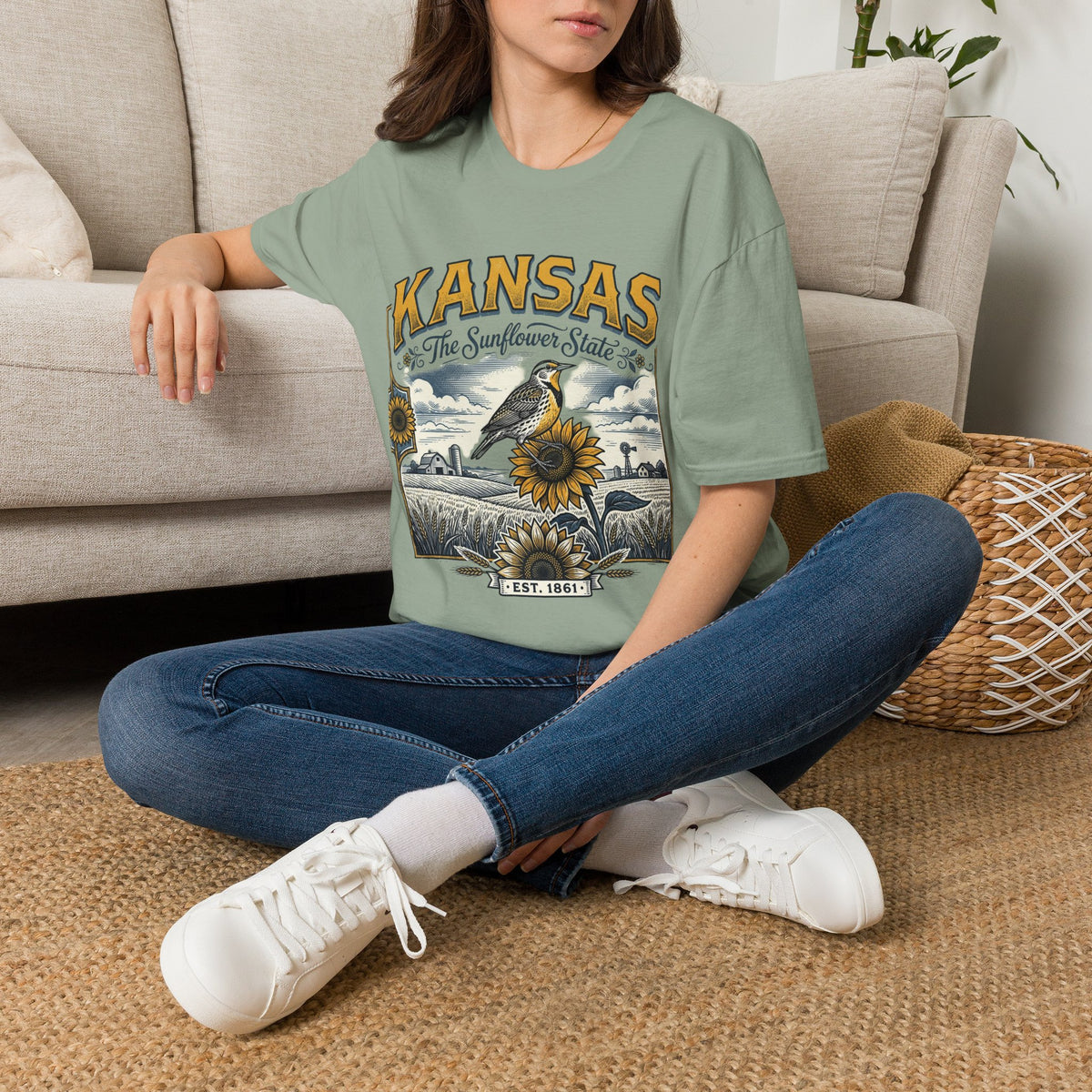 Kansas The Sunflower State T-Shirt | Vintage Meadow Bird Sunflower Design