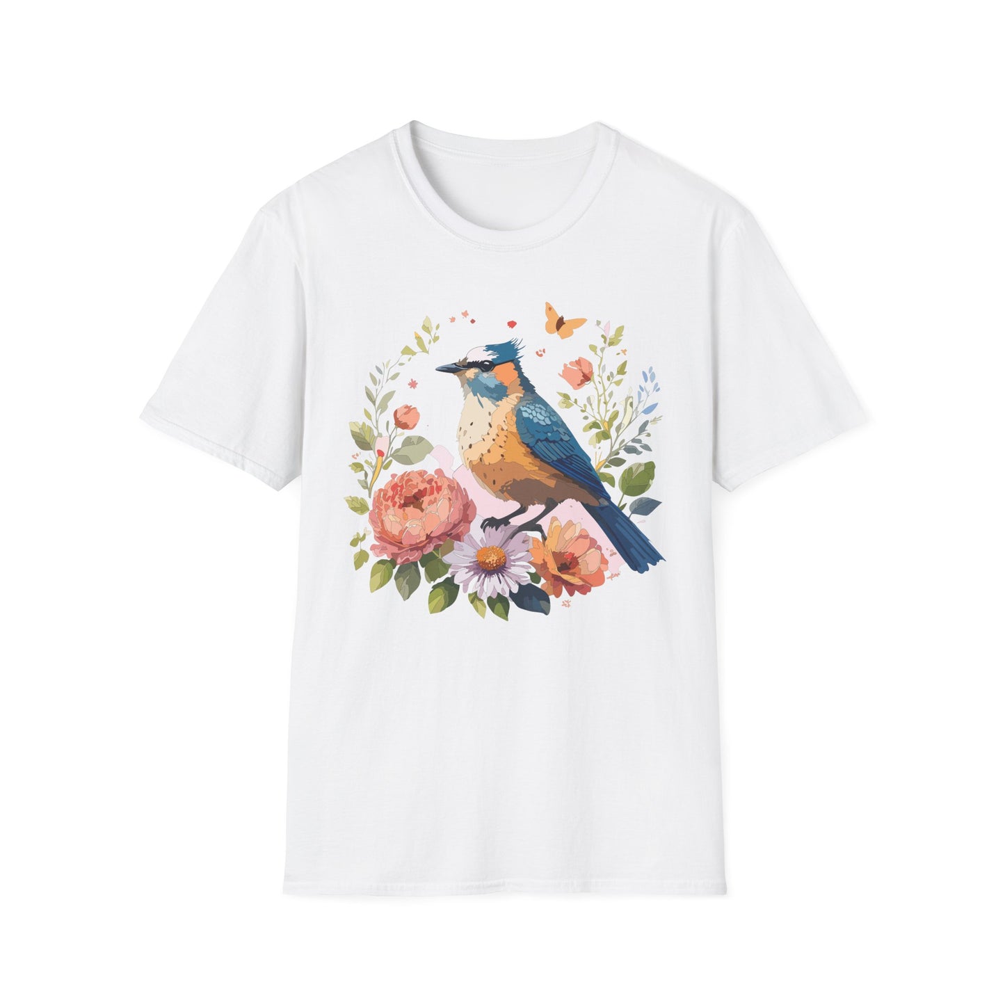 Floral Bluebird T-Shirt Unisex Cotton Short Sleeves Tee Shirt with Bird 3