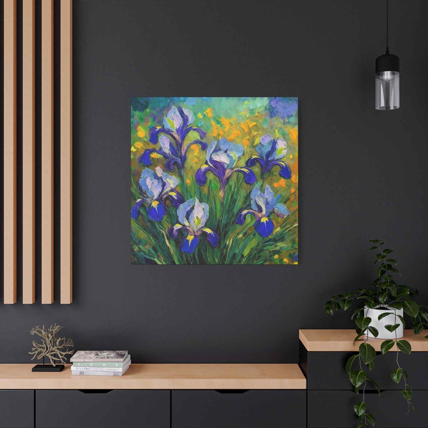 Irises Floral Print Canvas, Floral Oil Paint Print 20x20, 24x24, 30x30, 32x32, 36x36 Art Design Pine-Wood Inner Frame MC-186