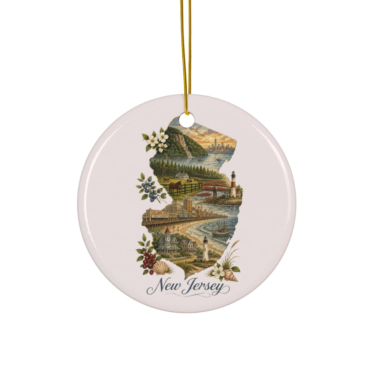 New Jersey State Map Illustration Ceramic Ornament | Round Holiday Decoration - 2.99" Includes Gold String