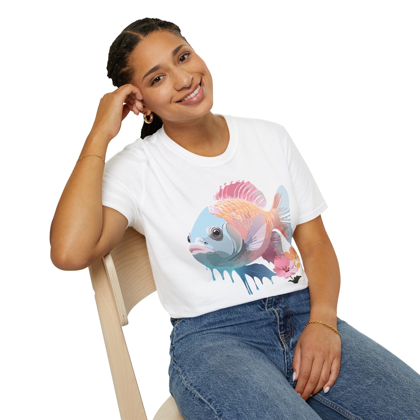 Fish Art Design Shirt Unisex Graphic Tee 100 Percent Ring Spun Cotton Softstyle Gildan 64000