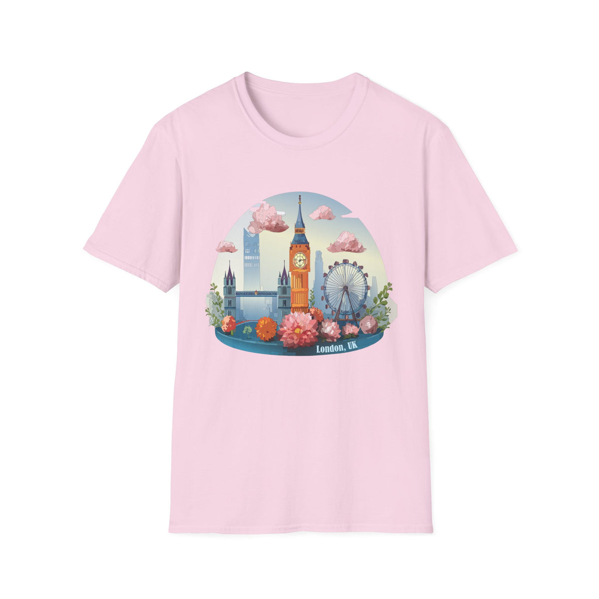 Whimsical London Skyline T-Shirt | Big Ben, London Eye, pastel clouds