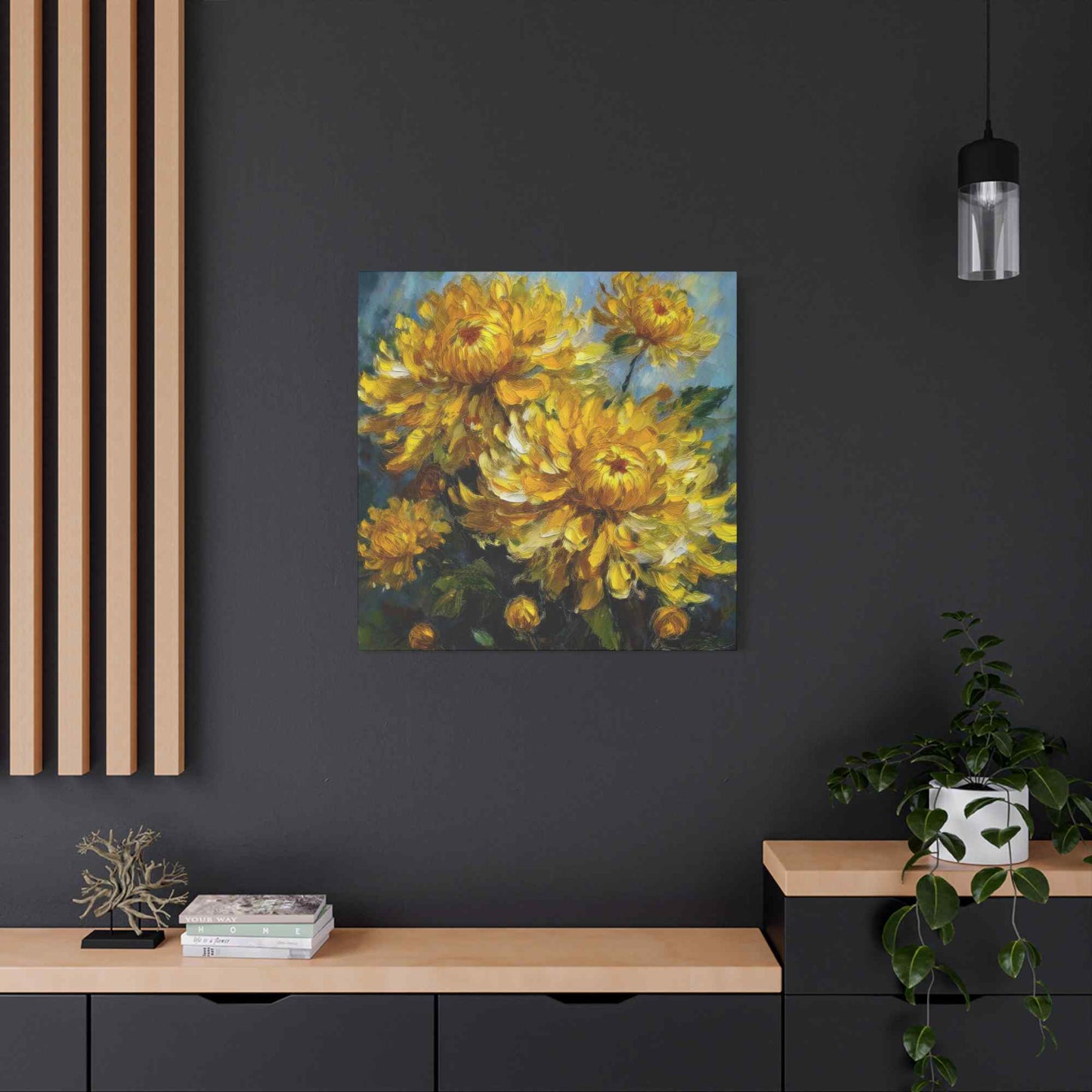 Chrysanthemums Print Canvas, Floral Oil Paint Print 20x20, 24x24, 30x30, 32x32, 36x36 Art Design Pine-Wood Inner Frame MC-163