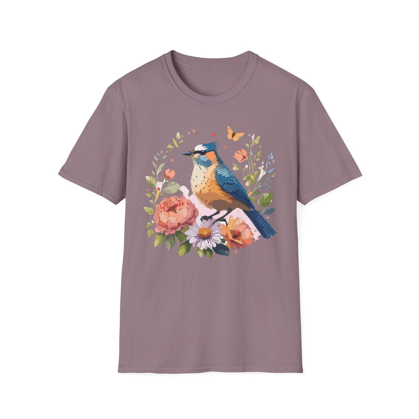 Floral Bird T Shirt Unisex Softstyle Gildan 64000 Tee 100 Percent Ring Spun Cotton