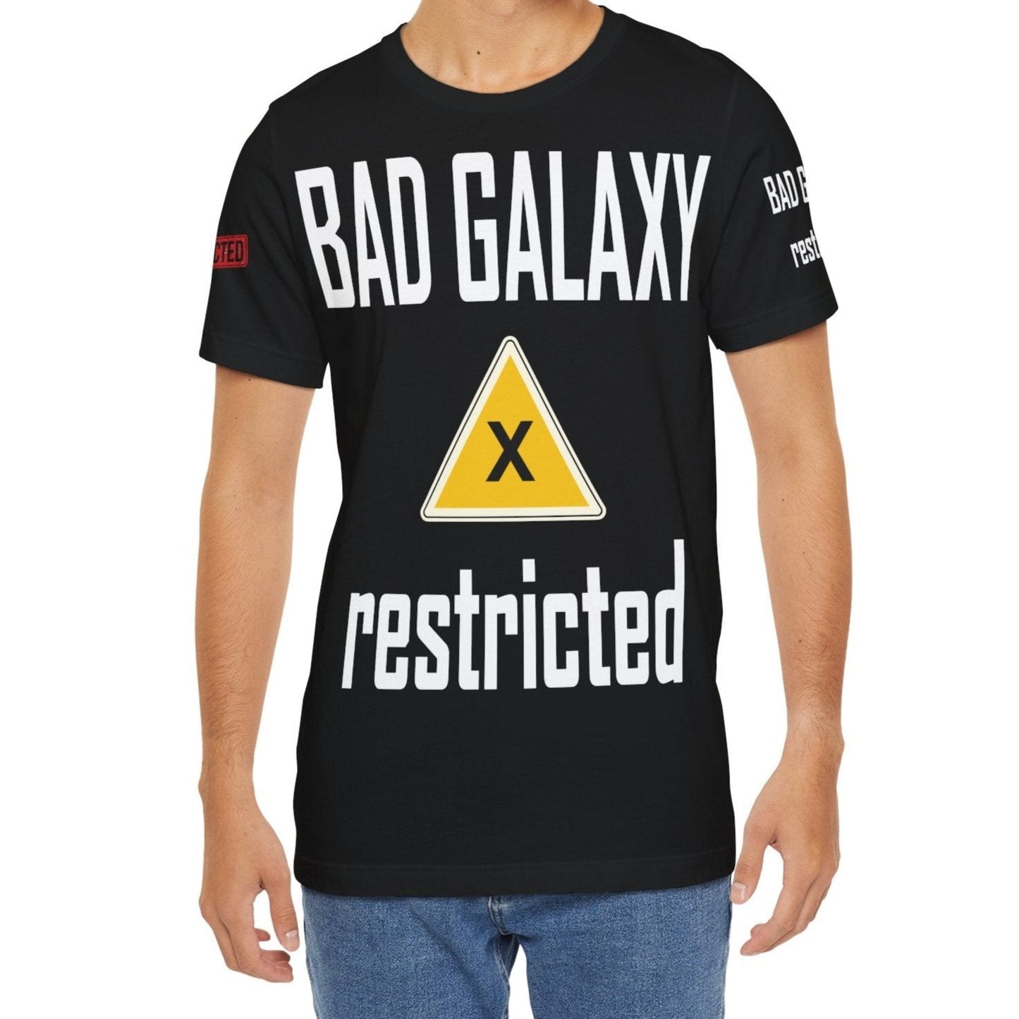 Bad Galaxy Tee Shirt With Red Stamp Made To Order 100 Percent Cotton Eco Friendly Inks USA