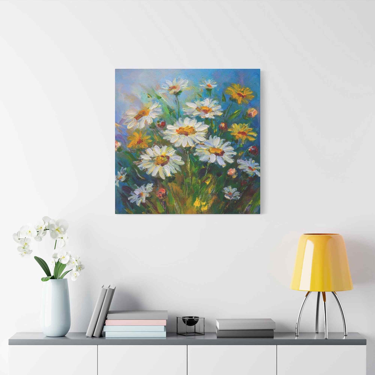White Daisies Print Canvas, Floral Oil Paint Print 20x20, 24x24, 30x30, 32x32, 36x36 Art Design Pine-Wood Inner Frame MC-128