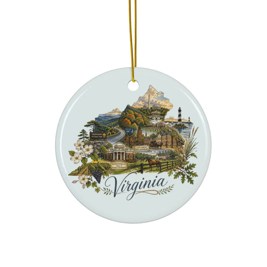 Virginia State Map Collage Ornament ceramic round ornament | Virginia landmarks - 2.99" Includes Gold String