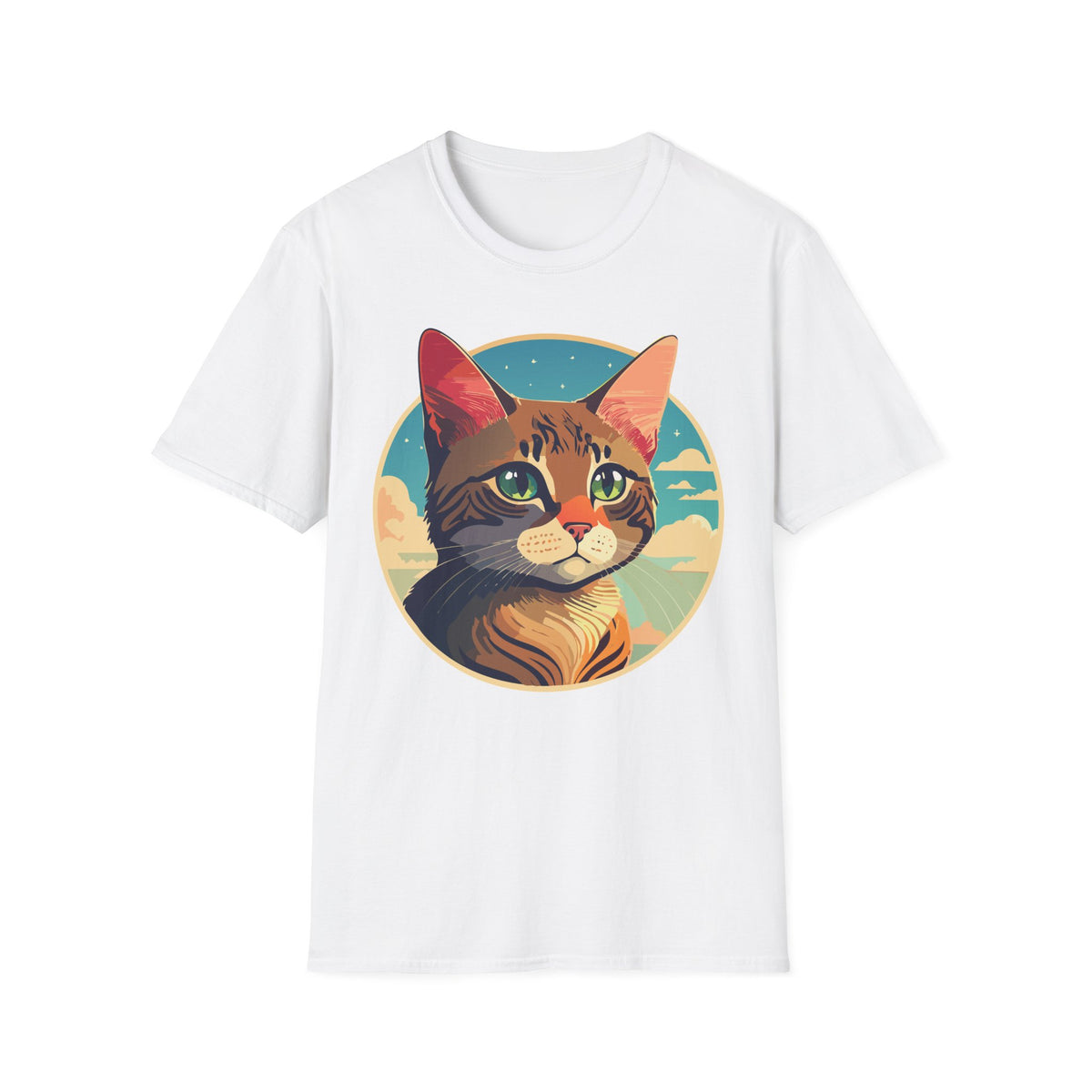 Retro Sunset Tabby Cat T-Shirt | Vintage Cat Portrait, Nautical Sky