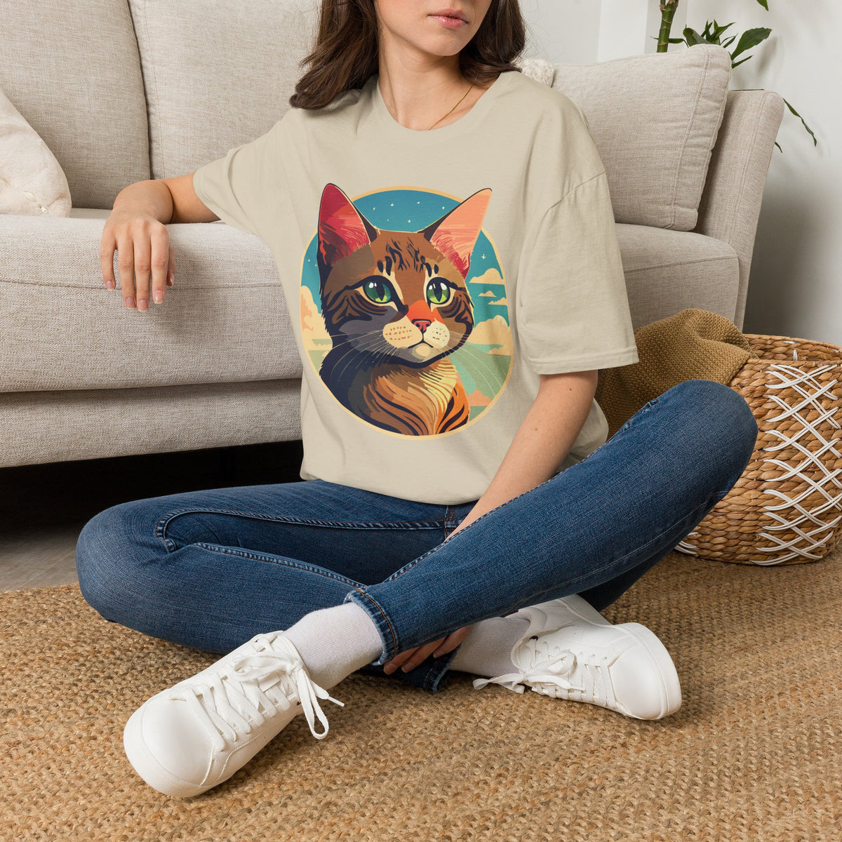 Retro Sunset Tabby Cat T-Shirt | Vintage Cat Portrait, Nautical Sky