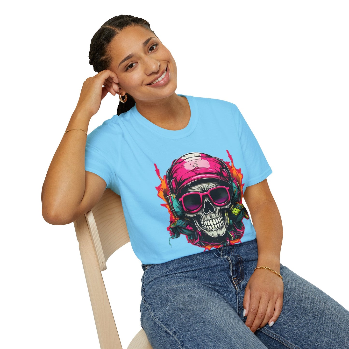 Unisex Skull Tee Shirt With Skeleton Design Gildan Softstyle 64000 Ring Spun Cotton