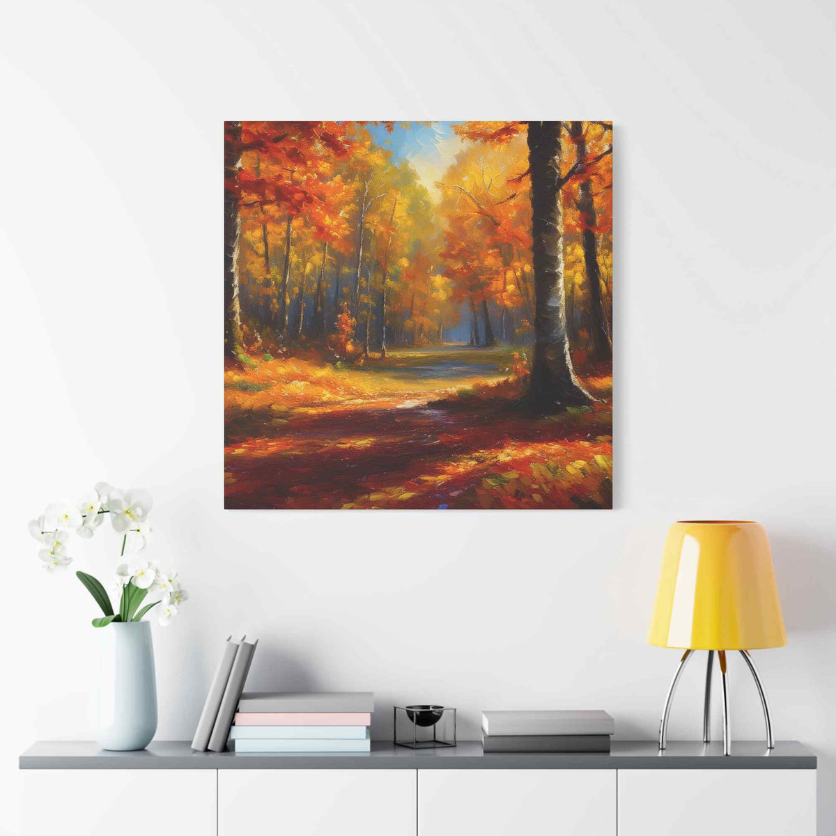 Fall Forest Print Canvas, Oil Paint Print 20x20, 24x24, 30x30, 32x32, 36x36 Art Design Canvas Pine-Wood Inner Frame MC-101