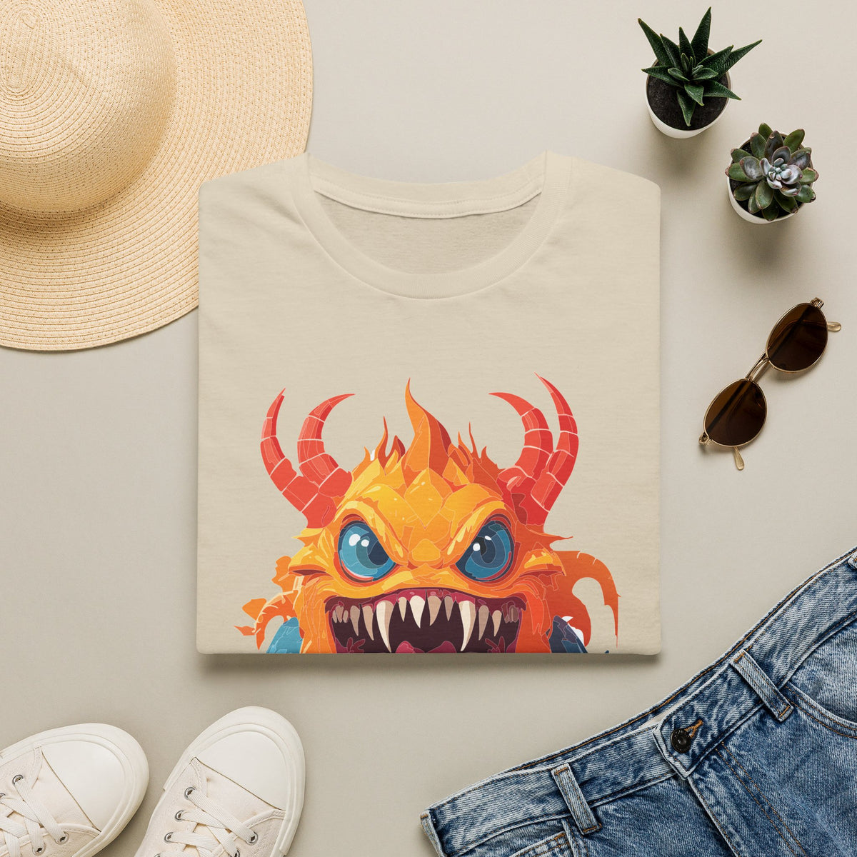 Monster T-Shirt — Colorful Fierce Creature Cartoon Graphic Tee Unisex 100 Cotton Gildan T-Shirt