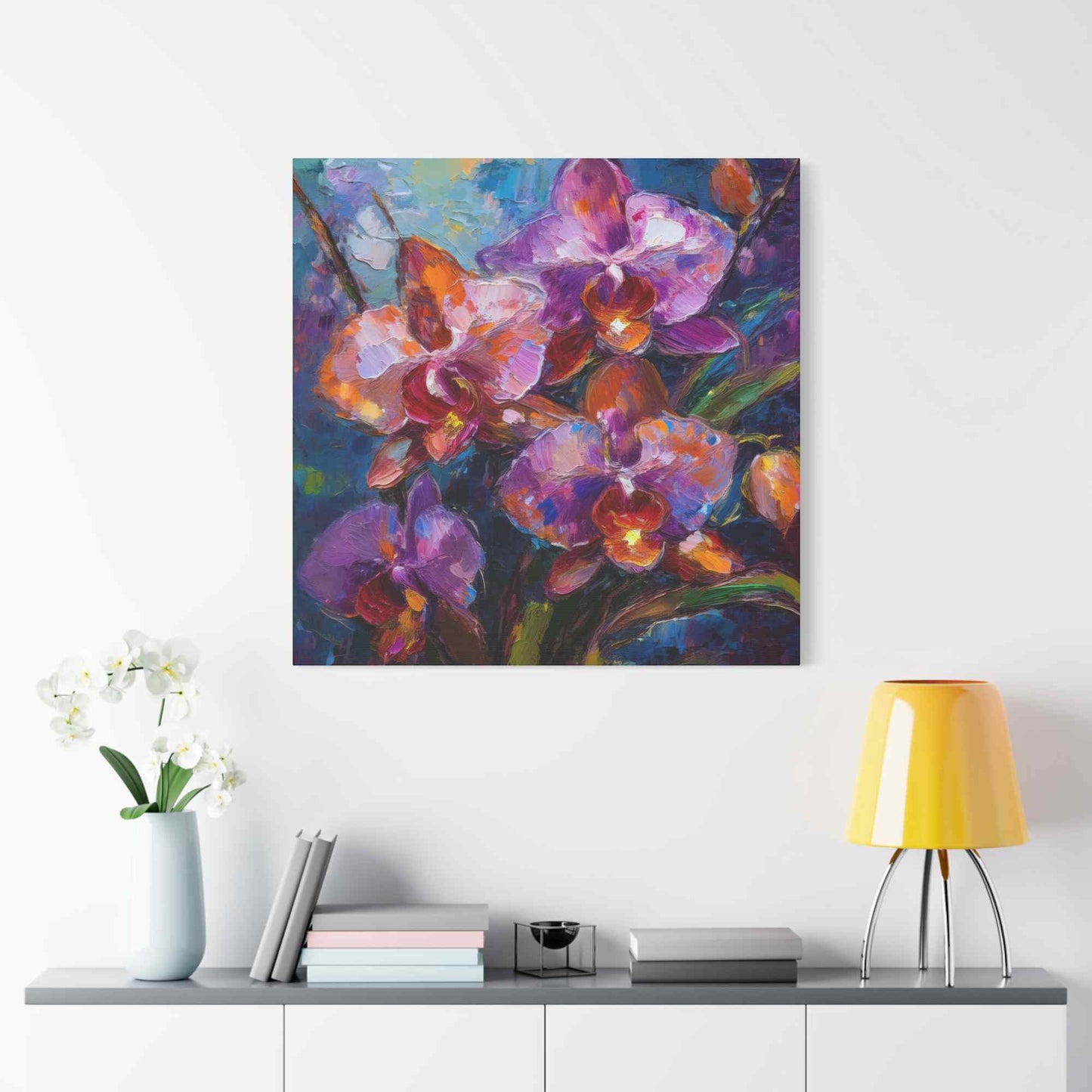 Purple Orchids Print Canvas, Floral Oil Paint Print 20x20, 24x24, 30x30, 32x32, 36x36 Art Design Pine-Wood Inner Frame MC-132