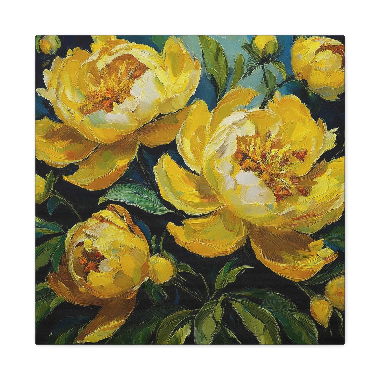 Yellow Peonies Print Canvas, Floral Oil Paint Print 20x20, 24x24, 30x30, 32x32, 36x36 Art Design Pine-Wood Inner Frame MC-121