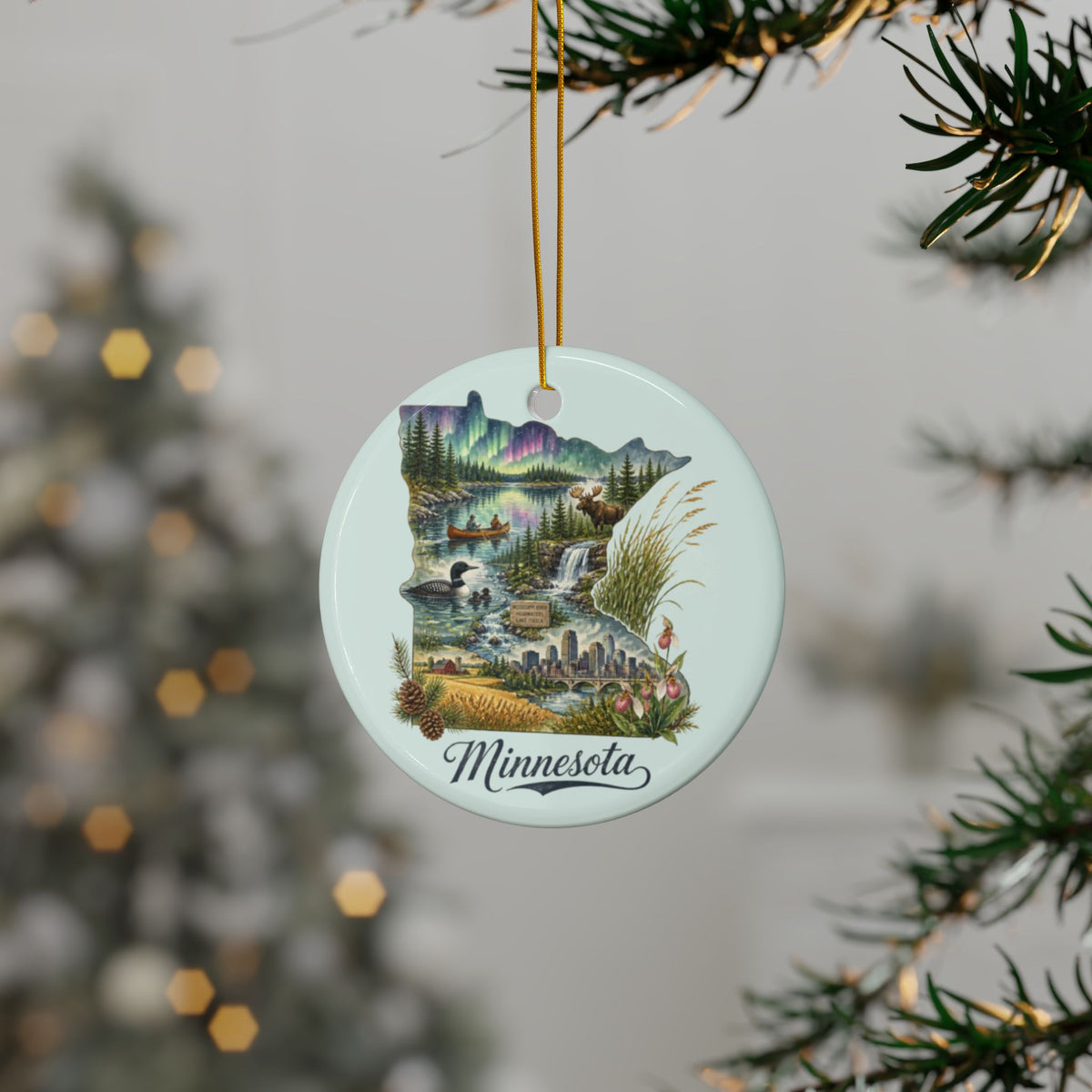 Minnesota Scenic State Illustration Ornament | Round Ceramic Ornament - 2.99" Includes Gold String