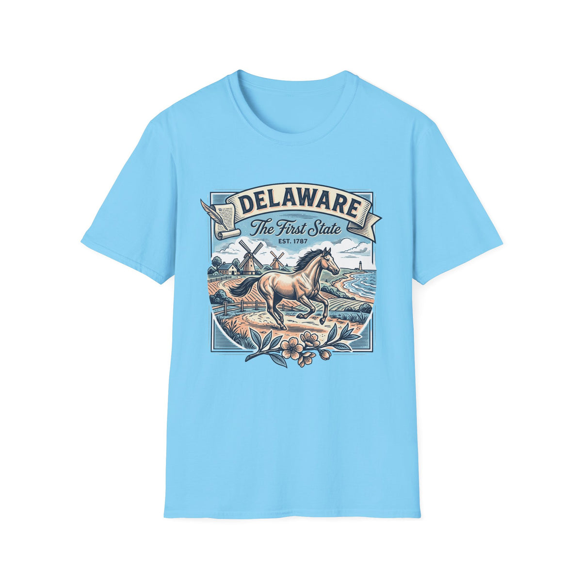 Delaware 'The First State' Scenic Travel Tourist Graphic Tee Unisex 100 Cotton Gildan T-Shirt