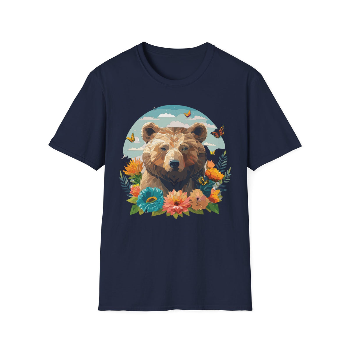 Brown Bear Illustration T-Shirt | Floral, Butterflies, Nature Scene Graphic Tee Unisex 100 Cotton Gildan T-Shirt