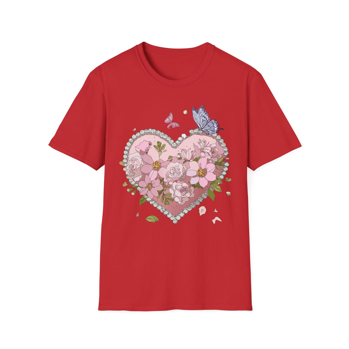 Floral Heart with Butterflies T-Shirt | Pink Flower Heart Graphic Tee Unisex 100 Cotton Gildan T-Shirt