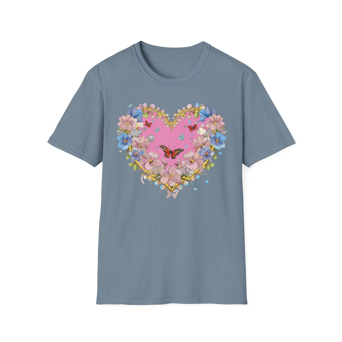 Floral Heart with Butterfly T-Shirt | Pink Bloom Love Graphic Tee Unisex 100 Cotton Gildan T-Shirt