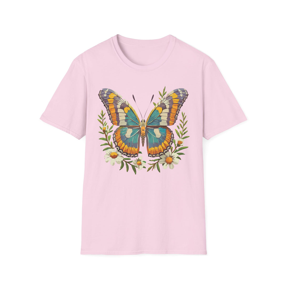 Teal Orange Butterfly T-Shirt | Floral Butterfly Illustration Graphic Tee Unisex 100 Cotton Gildan T-Shirt