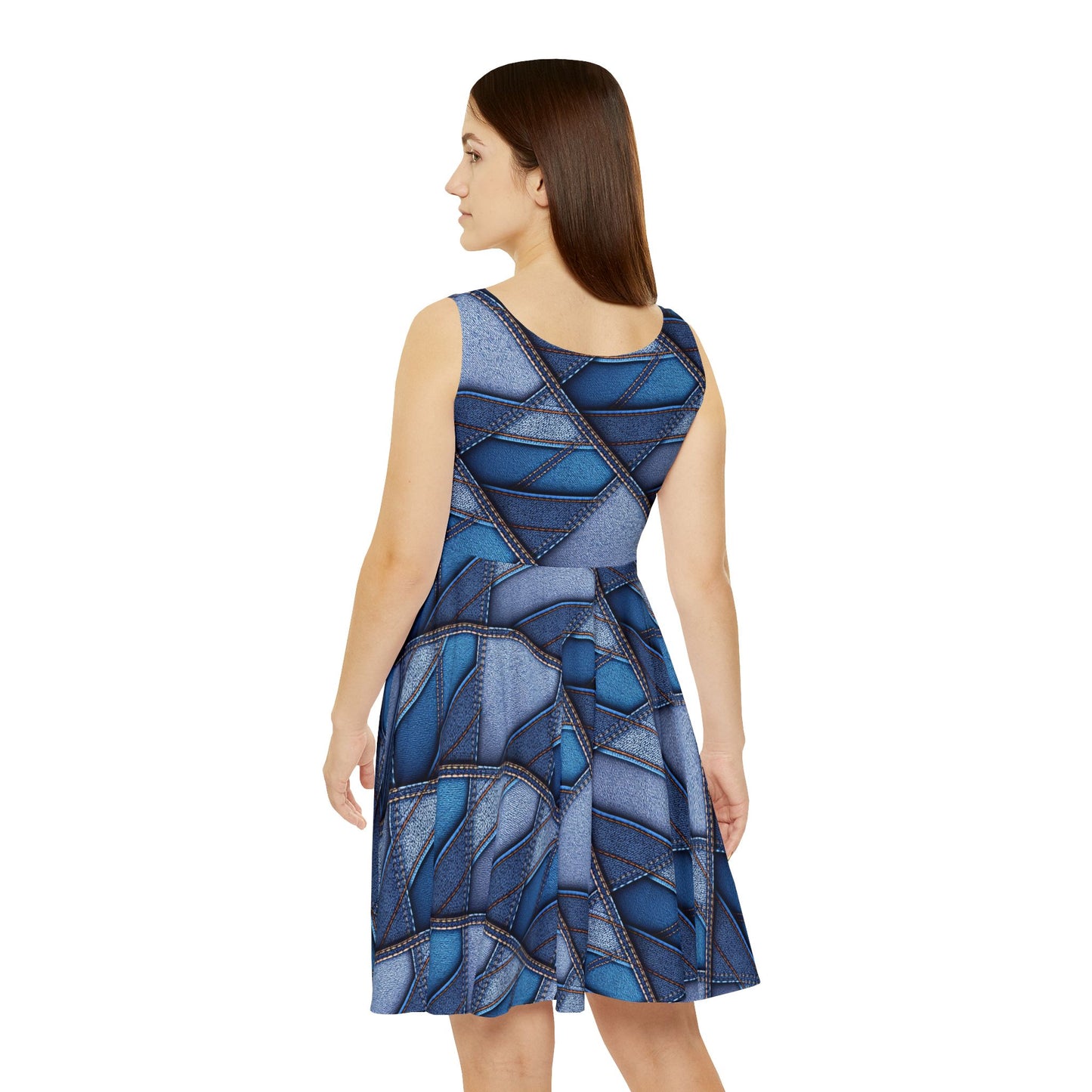 Women Denim Print Skater Dress, Denim Print Poly-Span Dress - 23