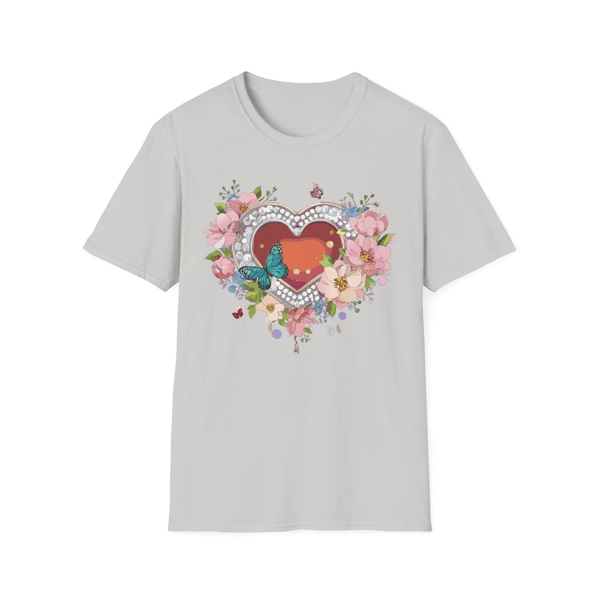 Heart with Floral Wreath and Butterfly T-Shirt | Romantic Floral Tee