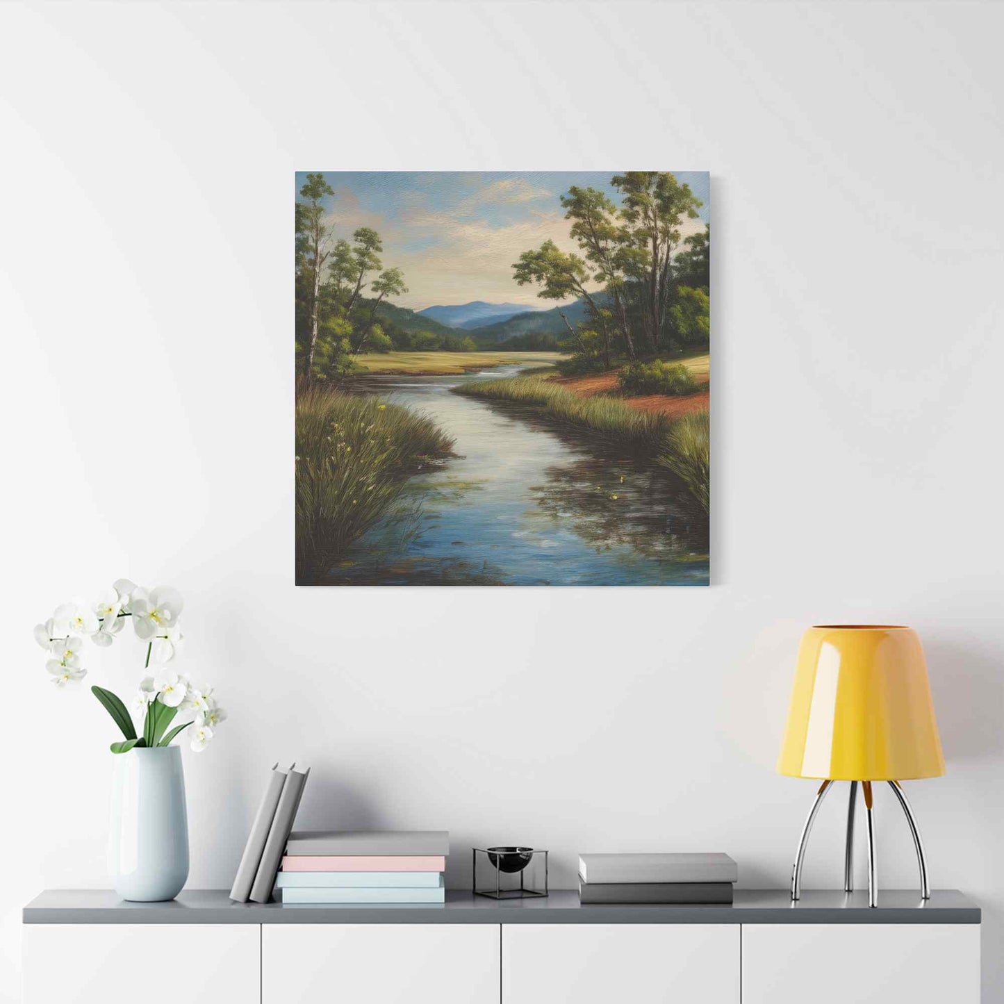 River Print Canvas, Landscape Oil Paint Print 20x20, 24x24, 30x30, 32x32, 36x36 Art Design Print Pine-Wood Inner Frame MC-50