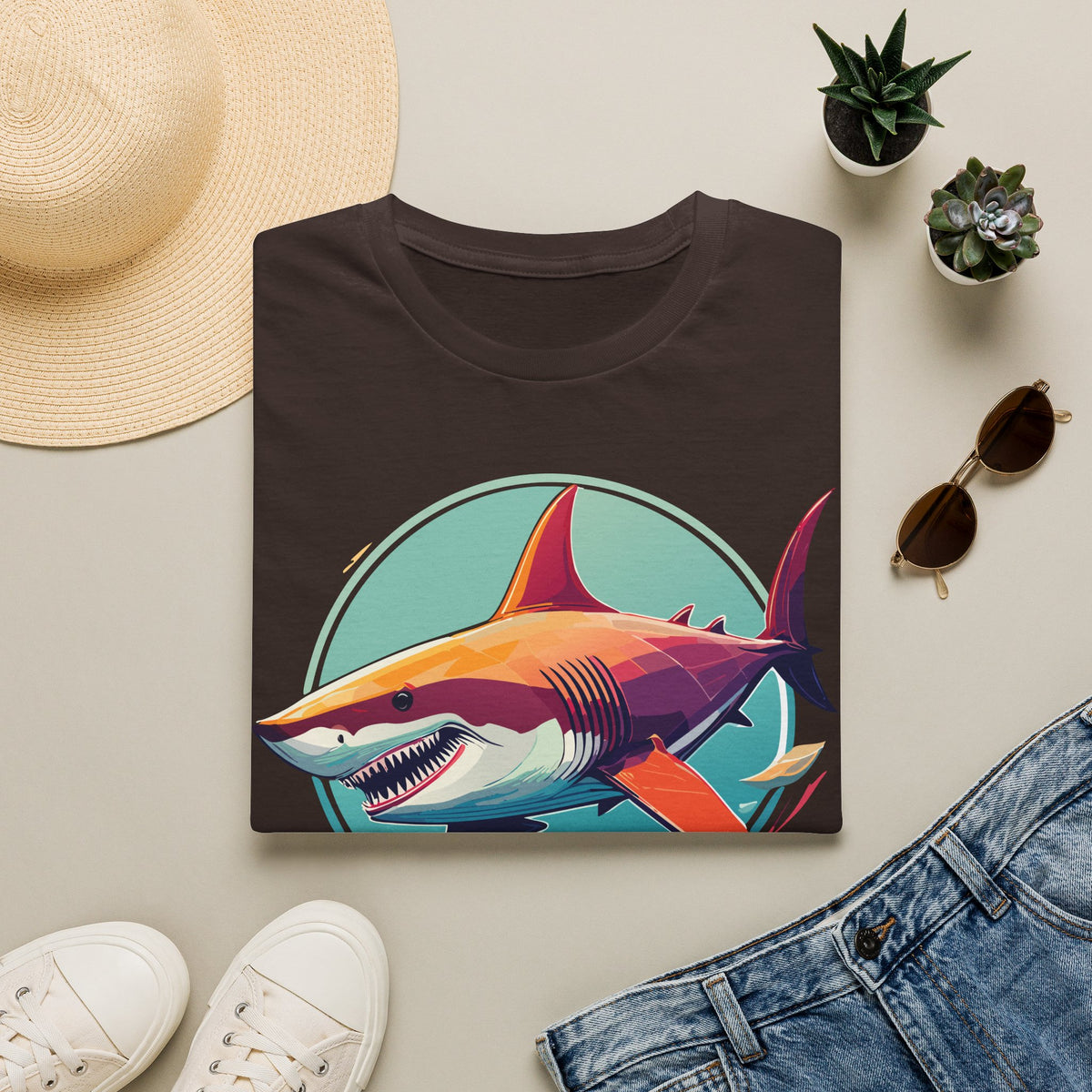 Colorful Great White Shark Illustration T-Shirt | Ocean Retro Graphic