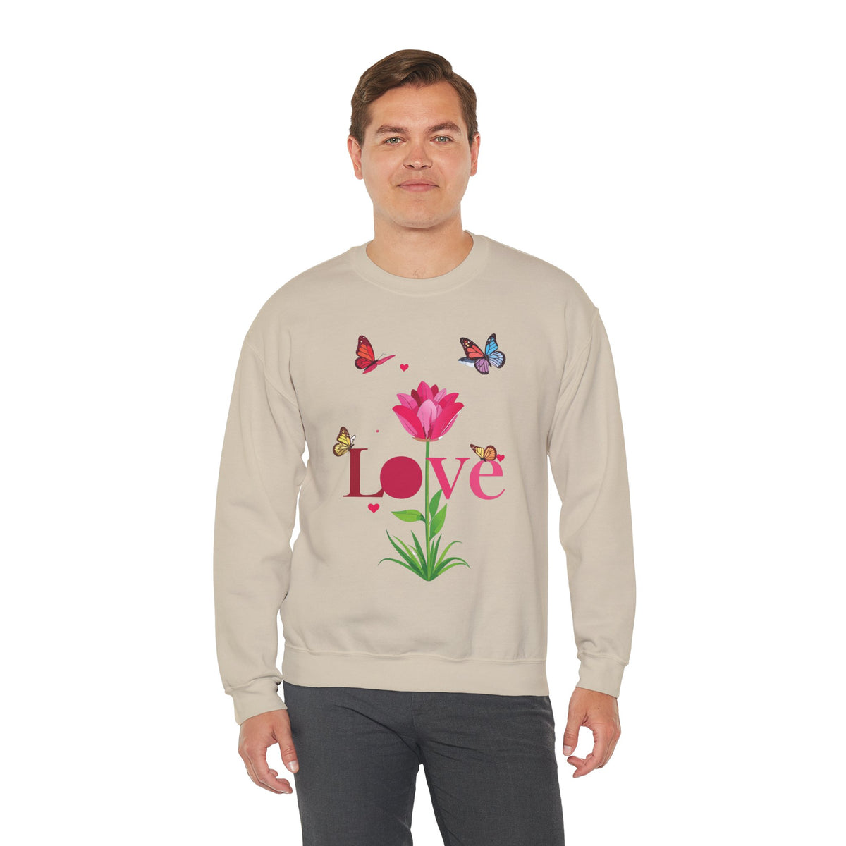 Unisex Floral Love Sweatshirt, Love Floral Sweatshirt, Floral Butterfly Sweatshirt, 50/50 Cotton-Poly Valentine's Day Sweatshirt 02