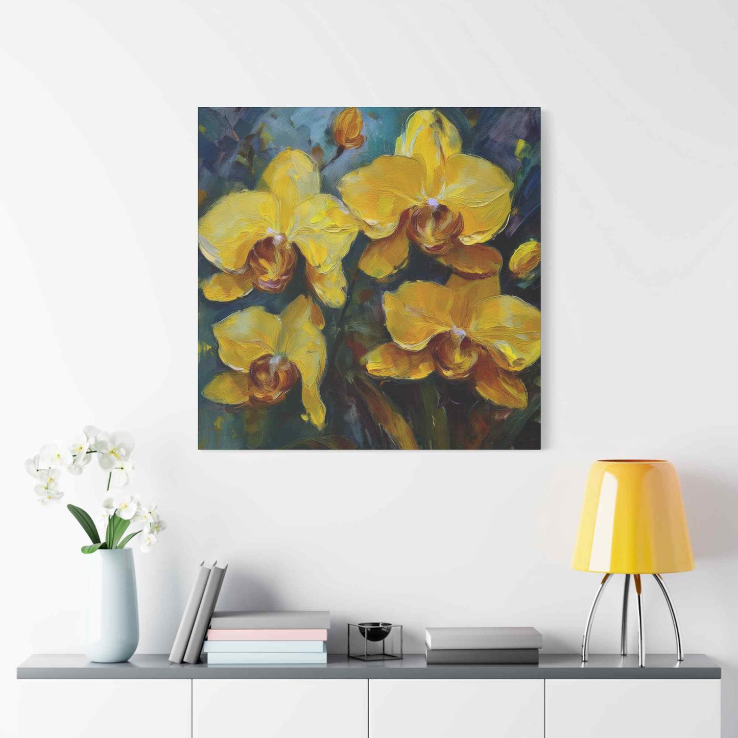 Yellow Orchids Print Canvas, Floral Oil Paint Print 20x20, 24x24, 30x30, 32x32, 36x36 Art Design Pine-Wood Inner Frame MC-138