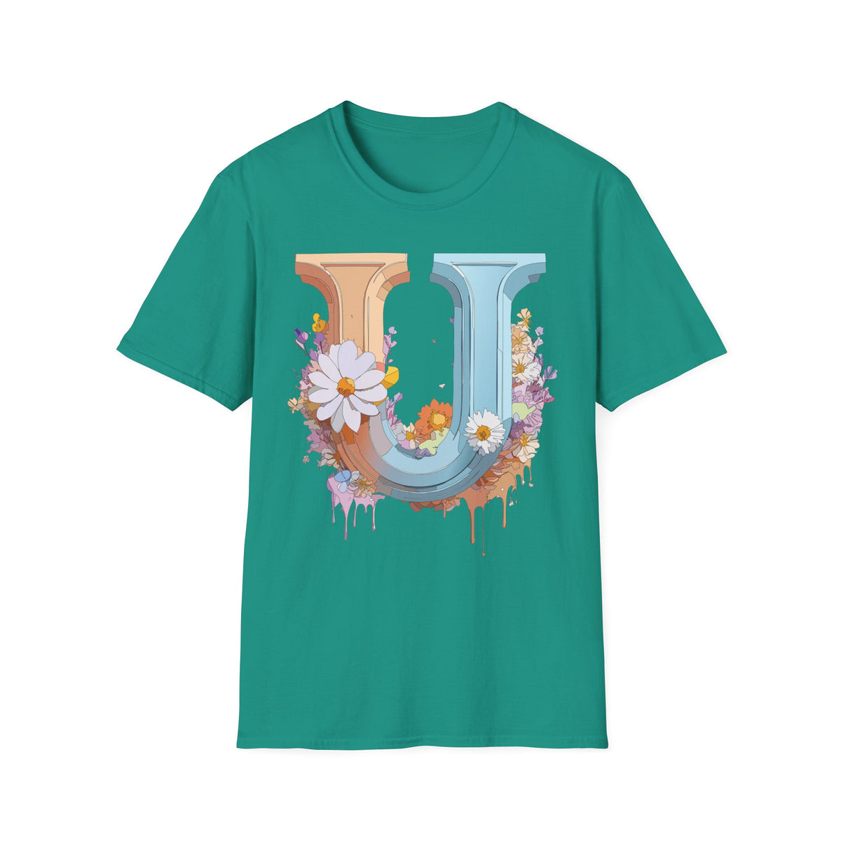 Floral Letter U T-Shirt | Vintage Block Initial with Daisies