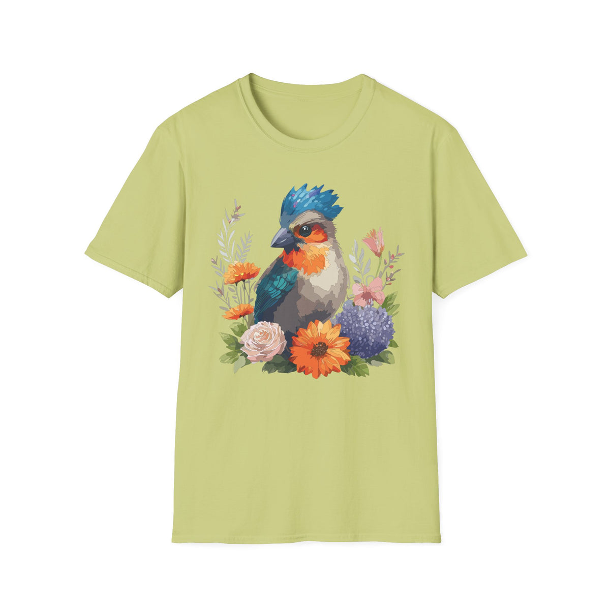 Colorful Crested Bird T-Shirt | Watercolor Floral Illustration