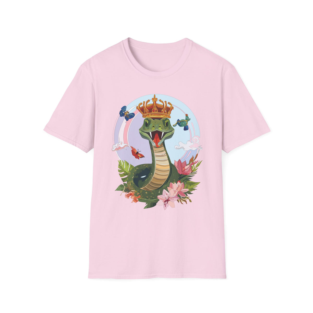 Crowned Snake Illustration T-Shirt | Regal Snake with Crown and Butterflies