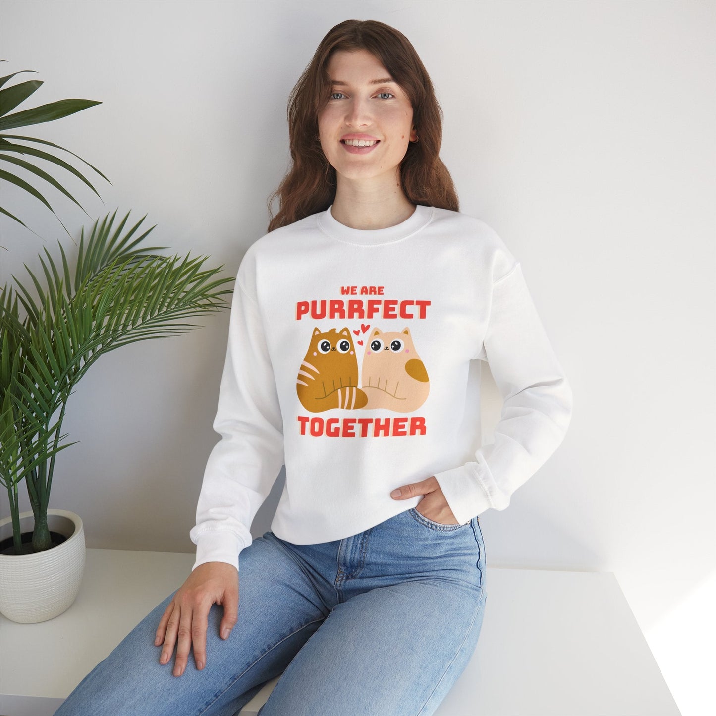 Cat Heart Sweatshirt Unisex 50/50 Cotton-Poly Blend Valentine Gift For Cat Lovers