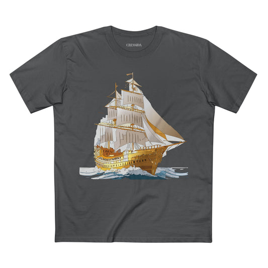 Ship Graphic Unisex 100 Cotton T-Shirt with Gold Frigate Art Design 22
