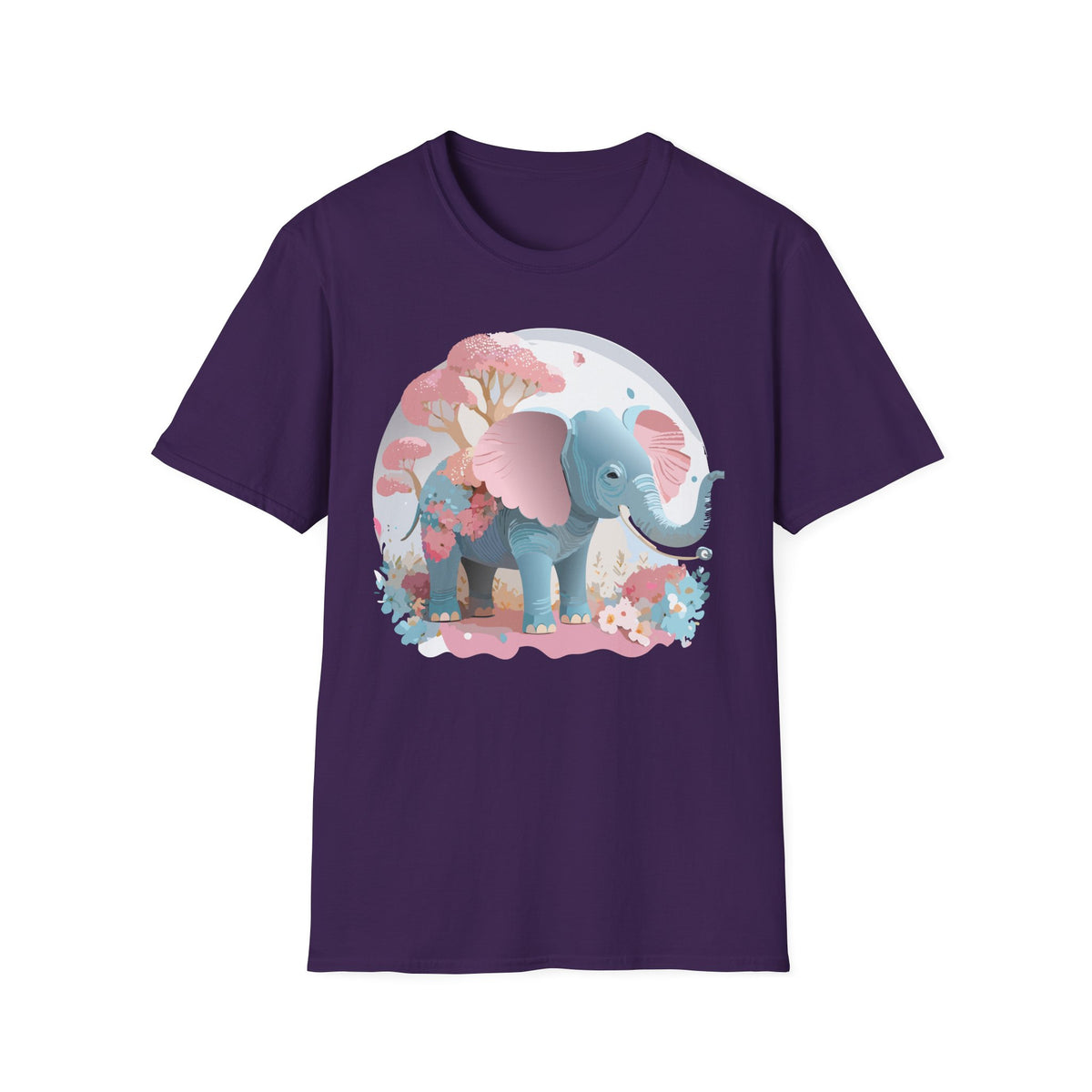 Pink Blue Elephant illustration T-Shirt | Cute Floral Baby Elephant Tee