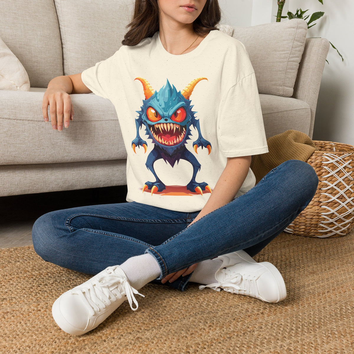 Monster Graphic T-Shirt — Cute Scary Blue Demon Tee for Halloween & Gamer Fans Cartoon Graphic Tee Unisex 100 Cotton Gildan T-Shirt