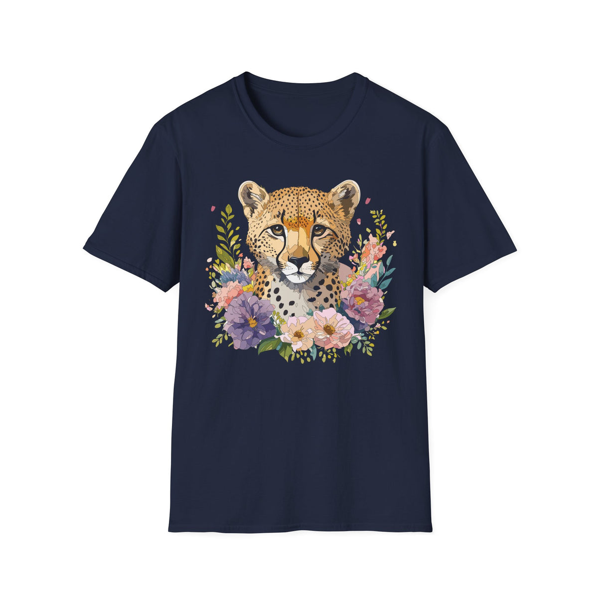 Floral Cheetah Face T-Shirt | Leopard Portrait Tee, Botanical Illustration