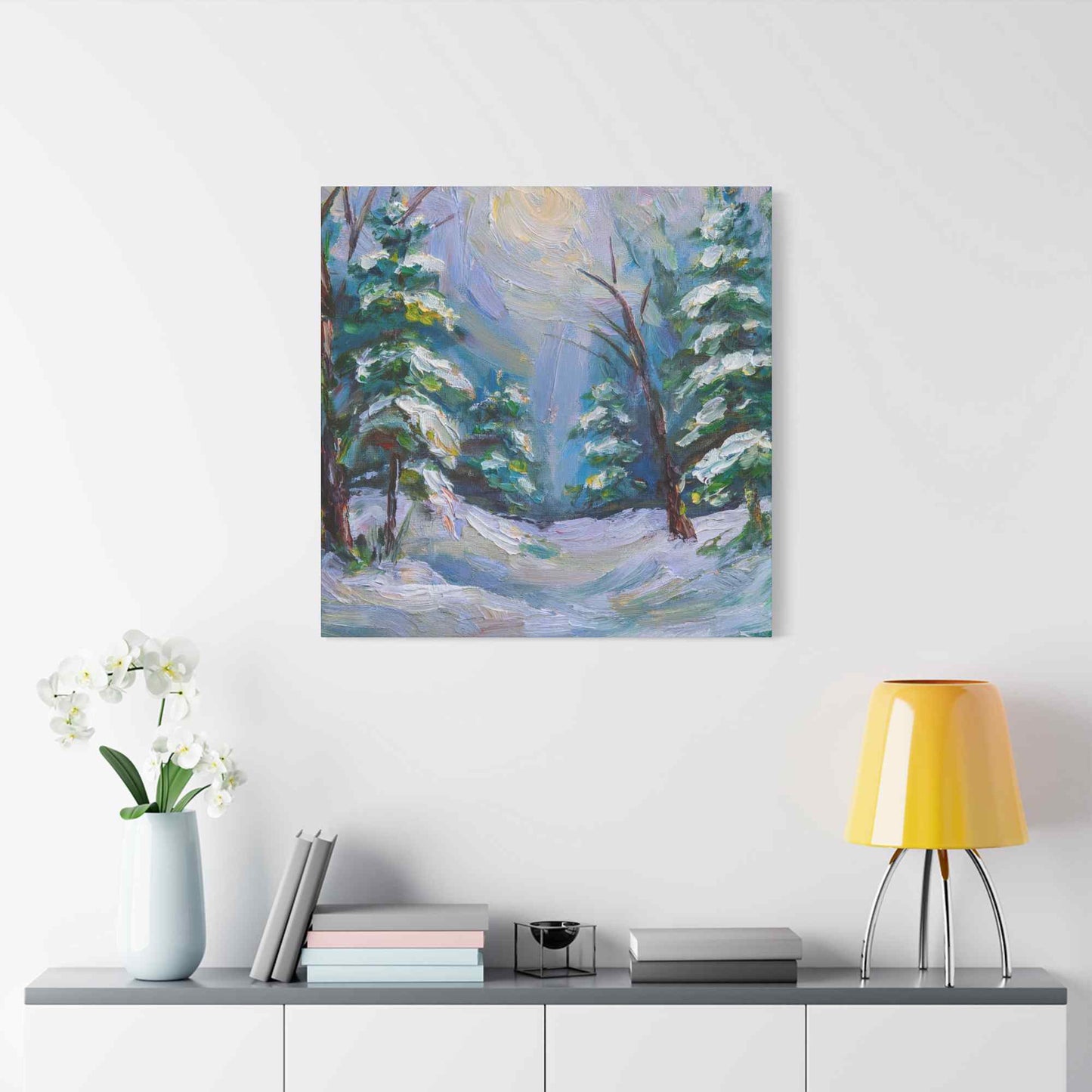Snow Forest Print Canvas, Oil Paint Print 20x20, 24x24, 30x30, 32x32, 36x36 Art Design Print Pine-Wood Inner Frame MC-78